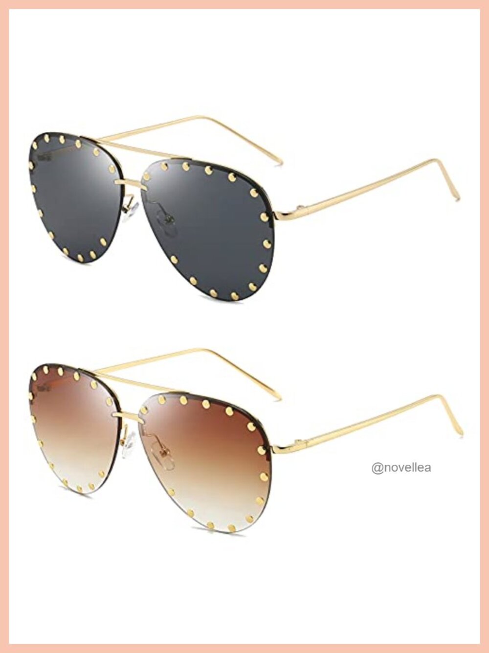 Studded Aviator Sunglasses Women Metal Frame UV400 Rimless Oversized